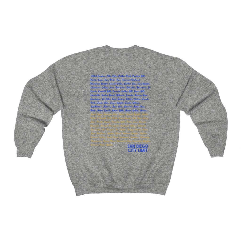 San Diego Neighborhoods Sweatshirt | SD Areas on back (Royal Blue)