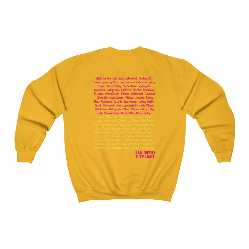 San Diego City Limit Sweatshirt | SD Areas on back (Pink)