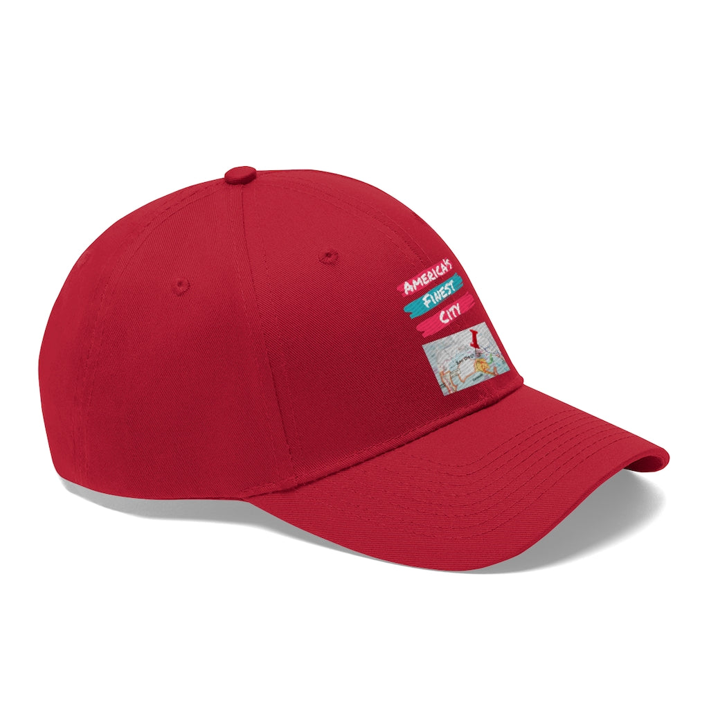 America's Finest City Twill Hat, San Diego Map Cap (Unisex) (Multiple Colors Avail)