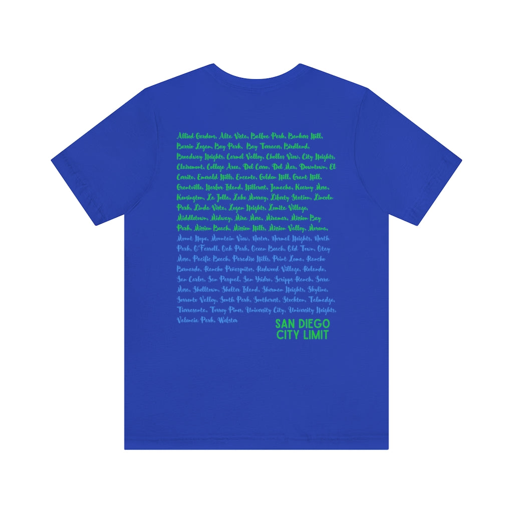 San Diego Neighborhoods Tee | SD Areas on Back (Lime Green)