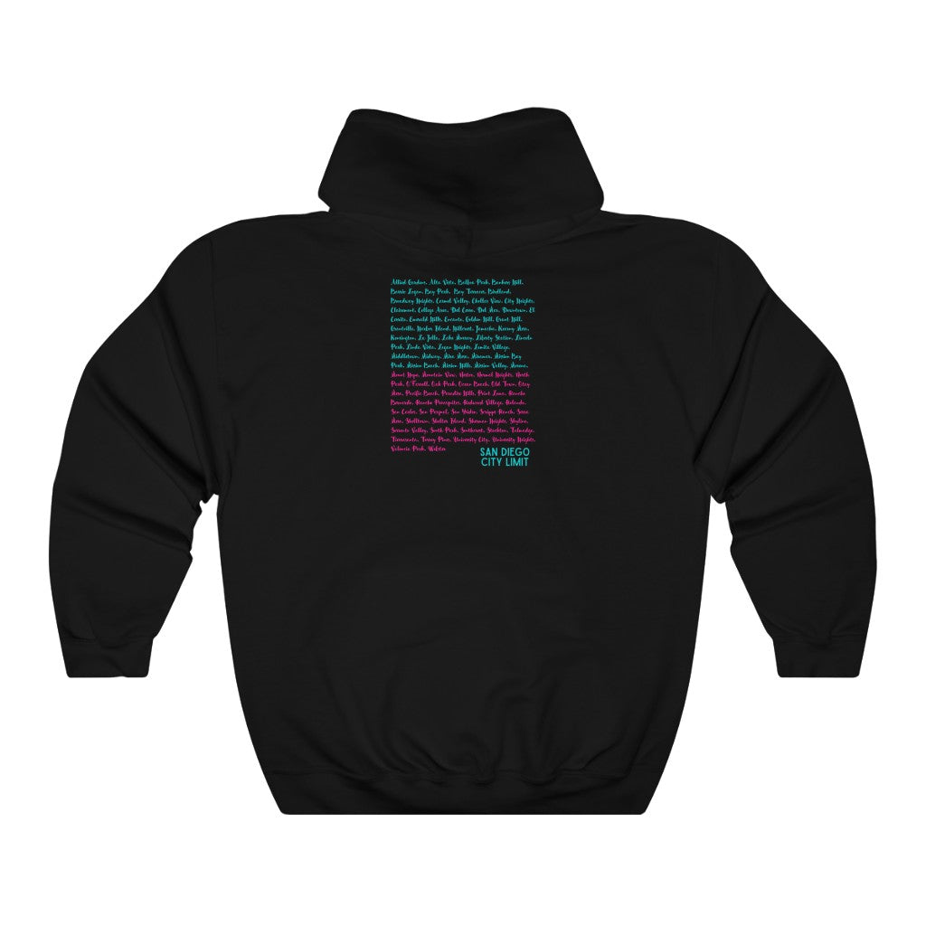 San Diego Neighborhoods Hoodie, SD Areas on back (Pink & Teal)