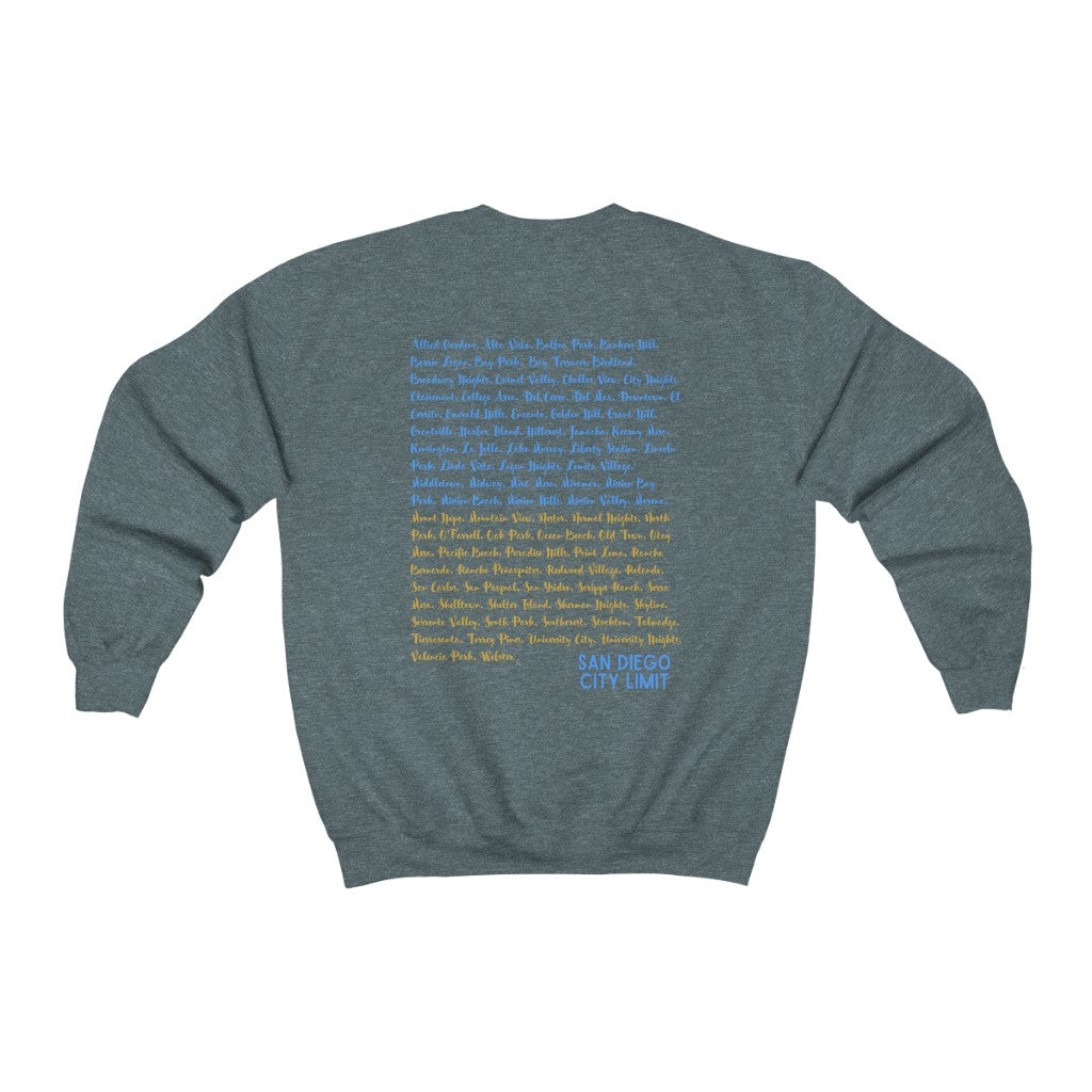 San Diego Neighborhoods Sweatshirt | SD Areas on back (Baby Blue)
