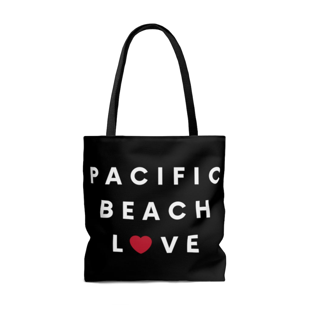 Pacific Beach Love Black Tote Bag, San Diego Neighborhood Beach Bag