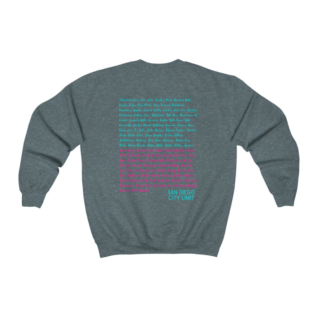 San Diego Neighborhoods Sweatshirt | SD Areas on back (Pink & Teal)