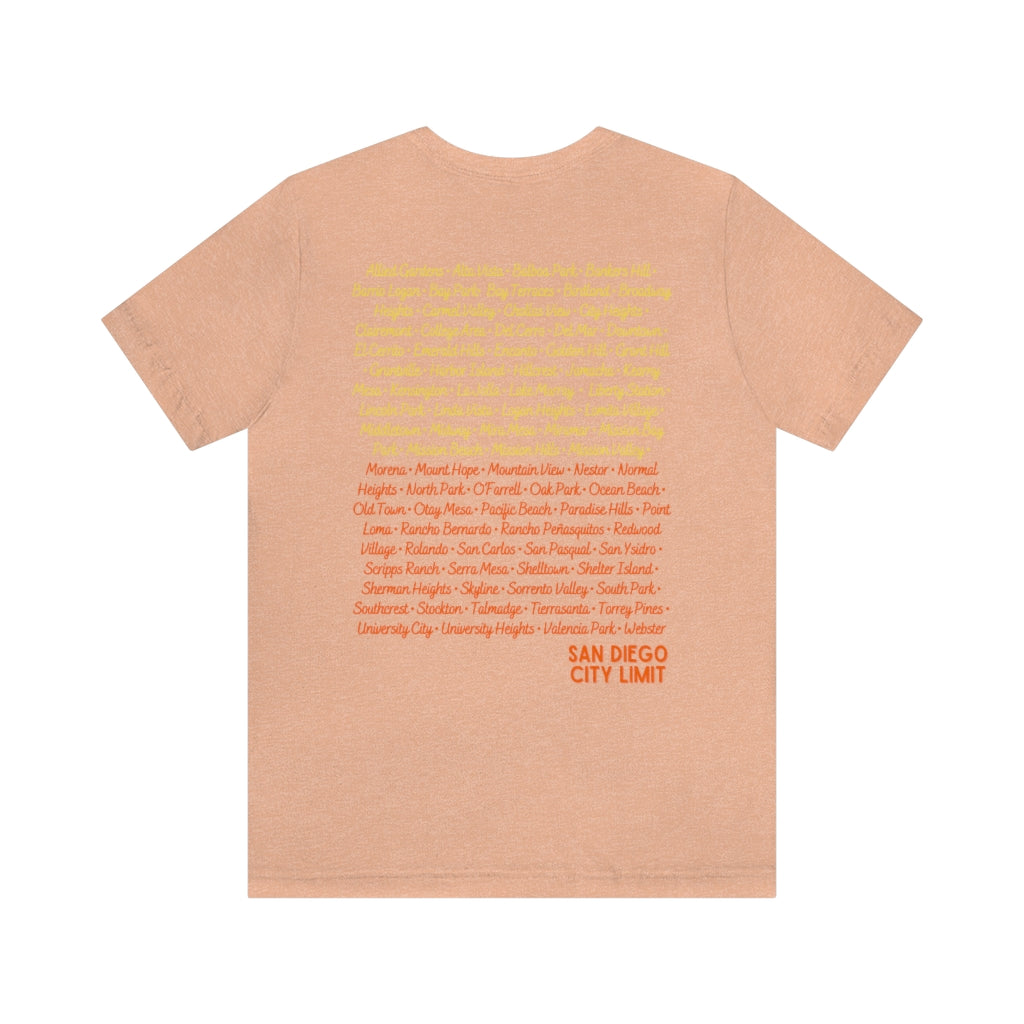San Diego City Limit T-shirt | SD Tee Areas on Back (Orange)