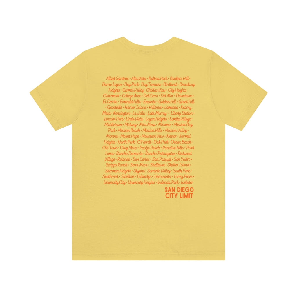 San Diego City Limit T-shirt | SD Tee Areas on Back (Orange)