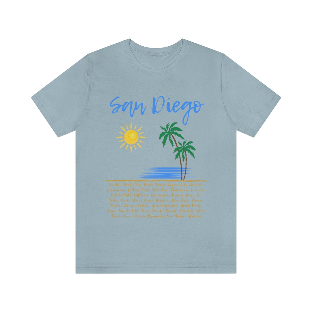 San Diego Neighborhoods Tee | SD Areas on back (Baby Blue)