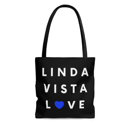 Linda Vista Love Black Tote Bag, Blue