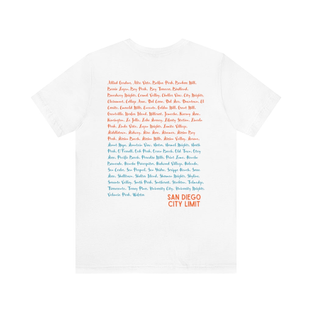 San Diego Neighborhoods Tee | SD Areas on back (Orange)