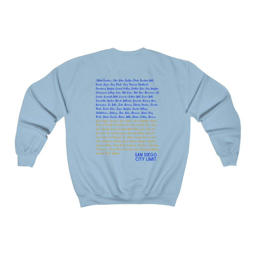 San Diego Neighborhoods Sweatshirt | SD Areas on back (Royal Blue)
