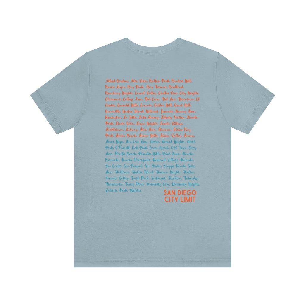 San Diego Neighborhoods Tee | SD Areas on back (Orange)