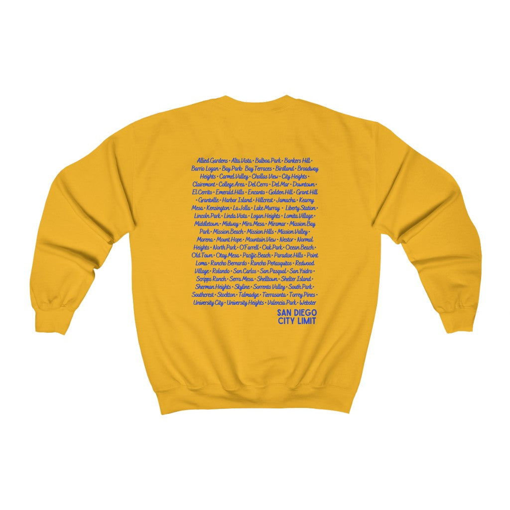 San Diego City Limit Sweatshirt | SD Areas on back (Royal Blue)