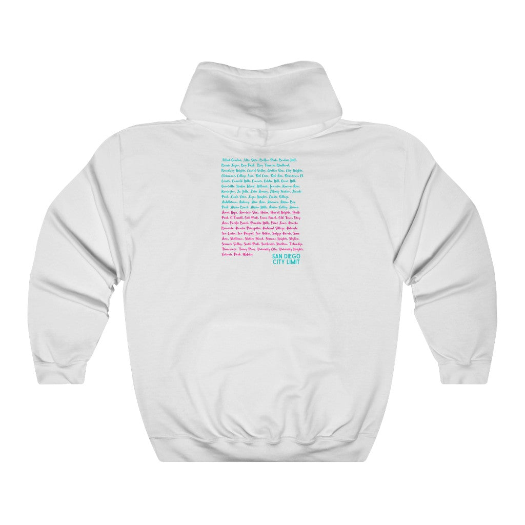 San Diego Neighborhoods Hoodie, SD Areas on back (Pink & Teal)
