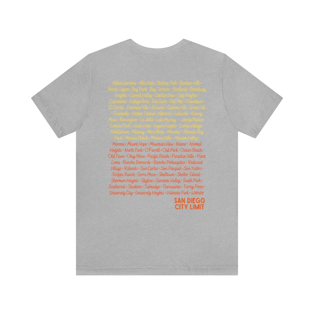 San Diego City Limit T-shirt | SD Tee Areas on Back (Orange)