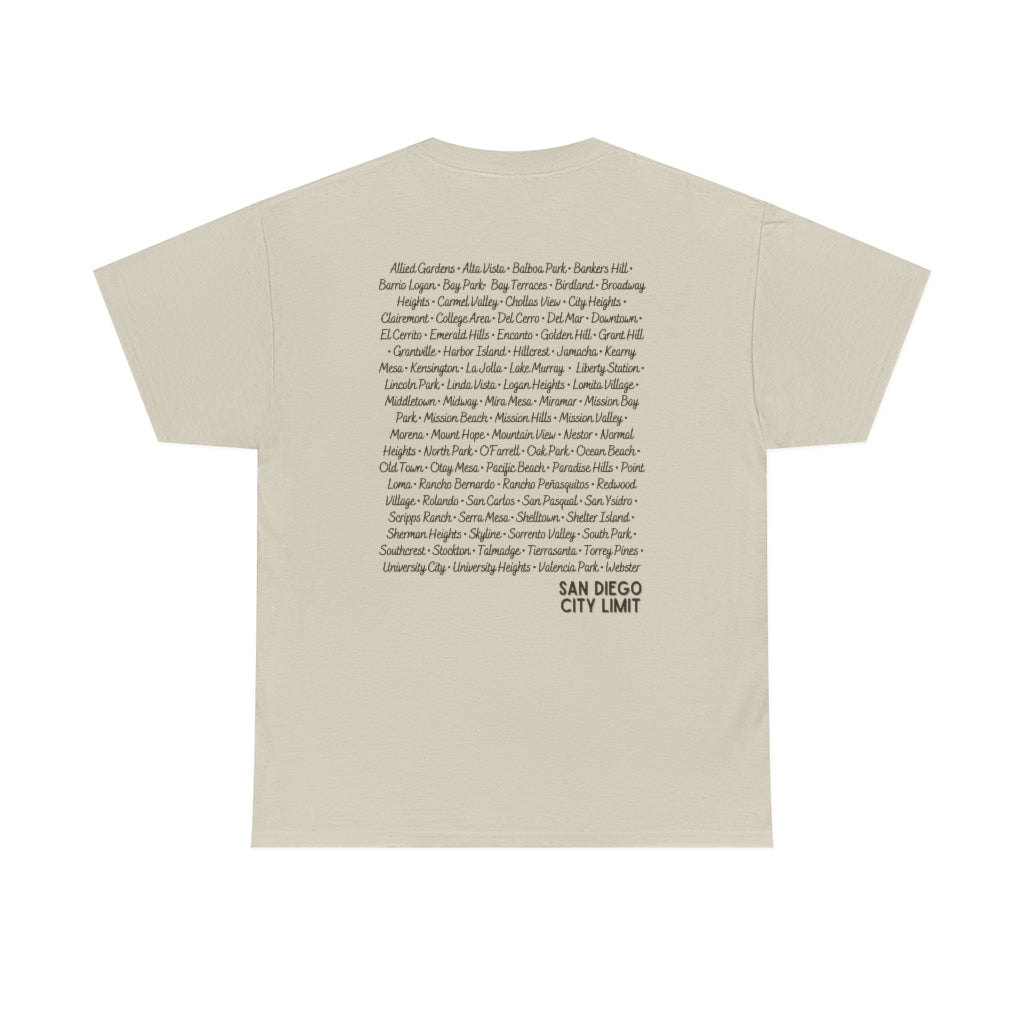 San Diego City Limit Heavy Cotton Tee, SD Areas on back