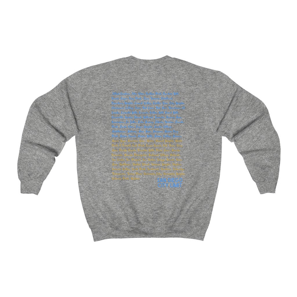 San Diego Neighborhoods Sweatshirt | SD Areas on back (Baby Blue)
