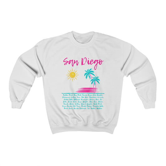 San Diego Neighborhoods Sweatshirt | SD Areas on back (Pink & Teal)