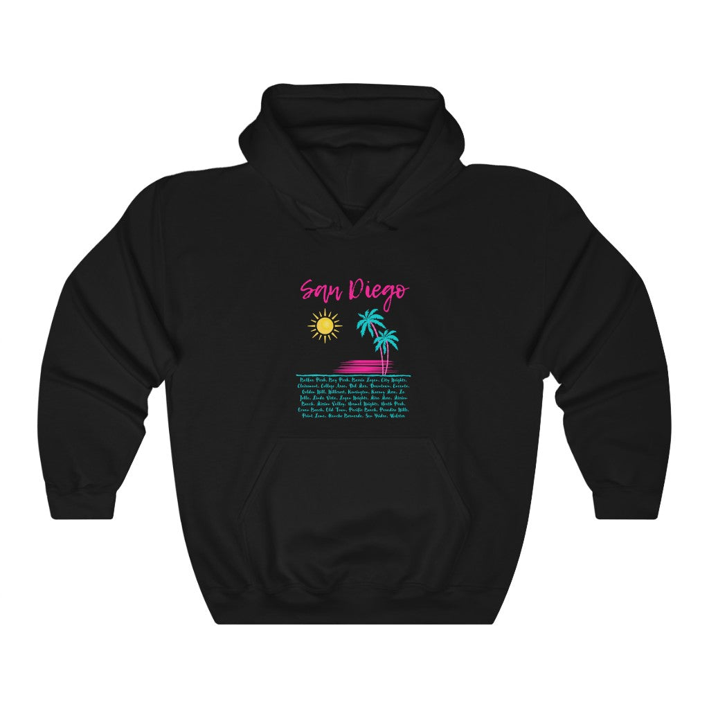 San Diego Neighborhoods Hoodie, SD Areas on back (Pink & Teal)