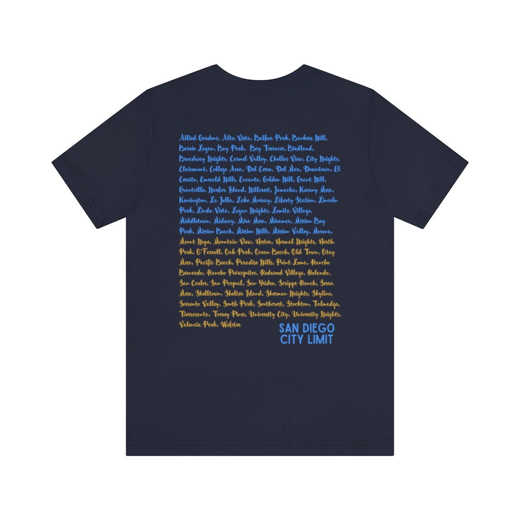 San Diego Neighborhoods Tee | SD Areas on back (Baby Blue)