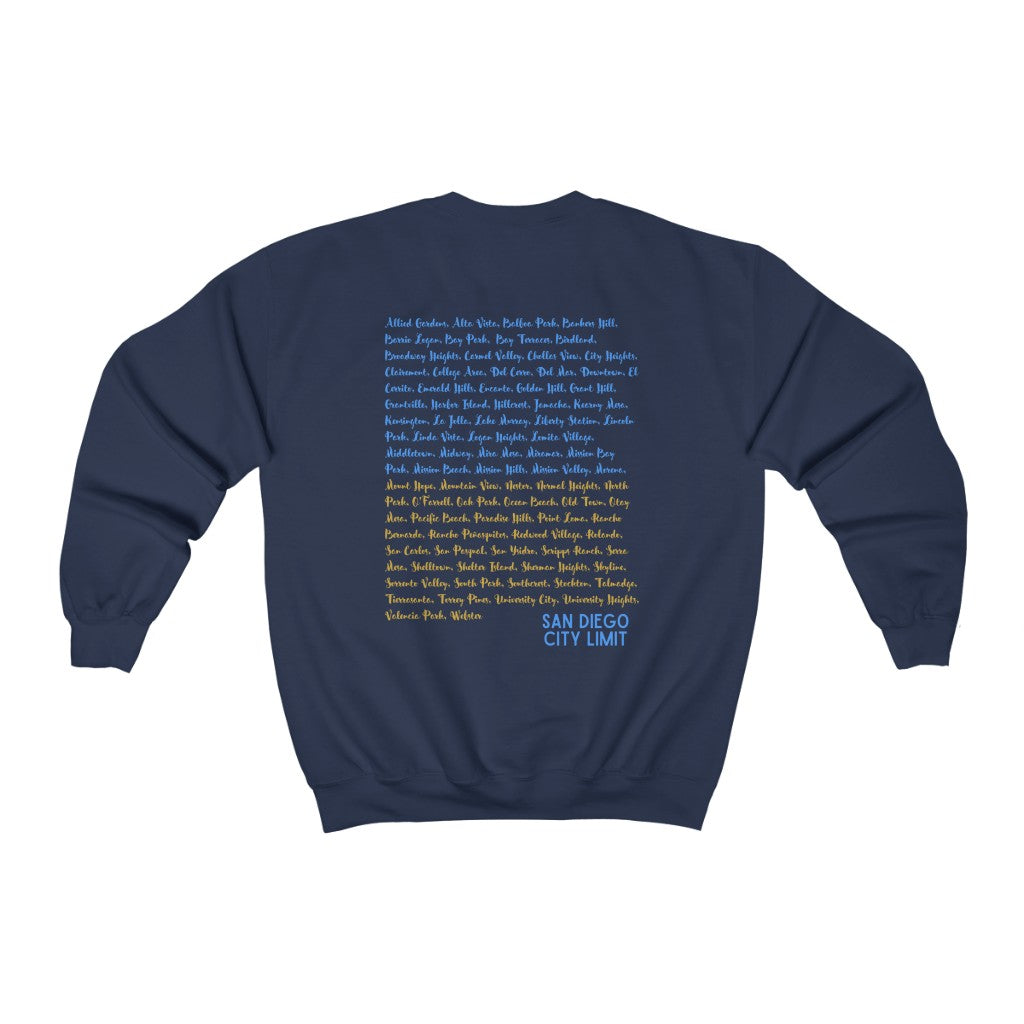 San Diego Neighborhoods Sweatshirt | SD Areas on back (Baby Blue)