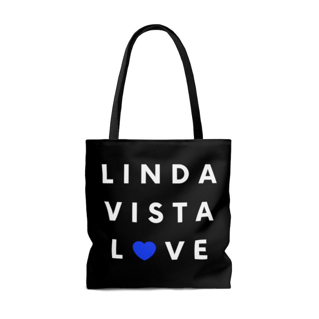 Linda Vista Love Black Tote Bag, Blue