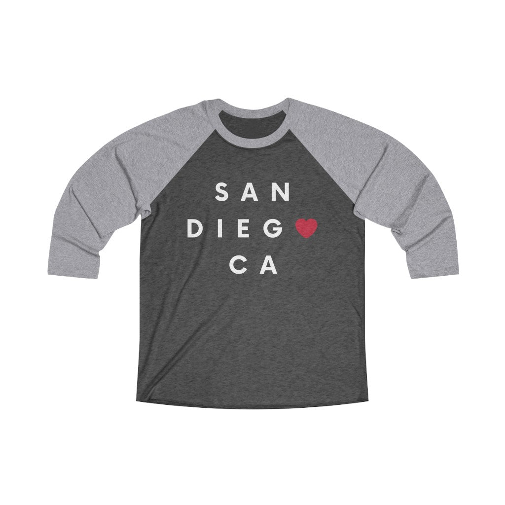 San Diego CA Long Sleeve Baseball Tee, San Diego 3/4 Sleeve T-Shirt(Unisex) (Multiple Colors Avail)