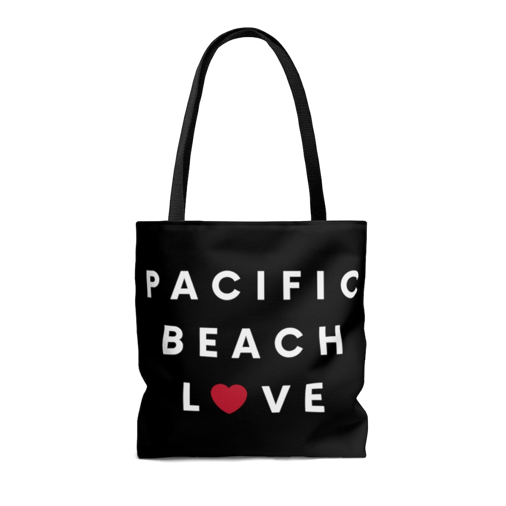 Pacific Beach Love Black Tote Bag, San Diego Neighborhood Beach Bag