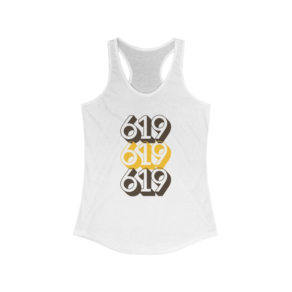 619 Racerback Women's Tee, San Diego Brown and Gold Sleeveless T-Shirt