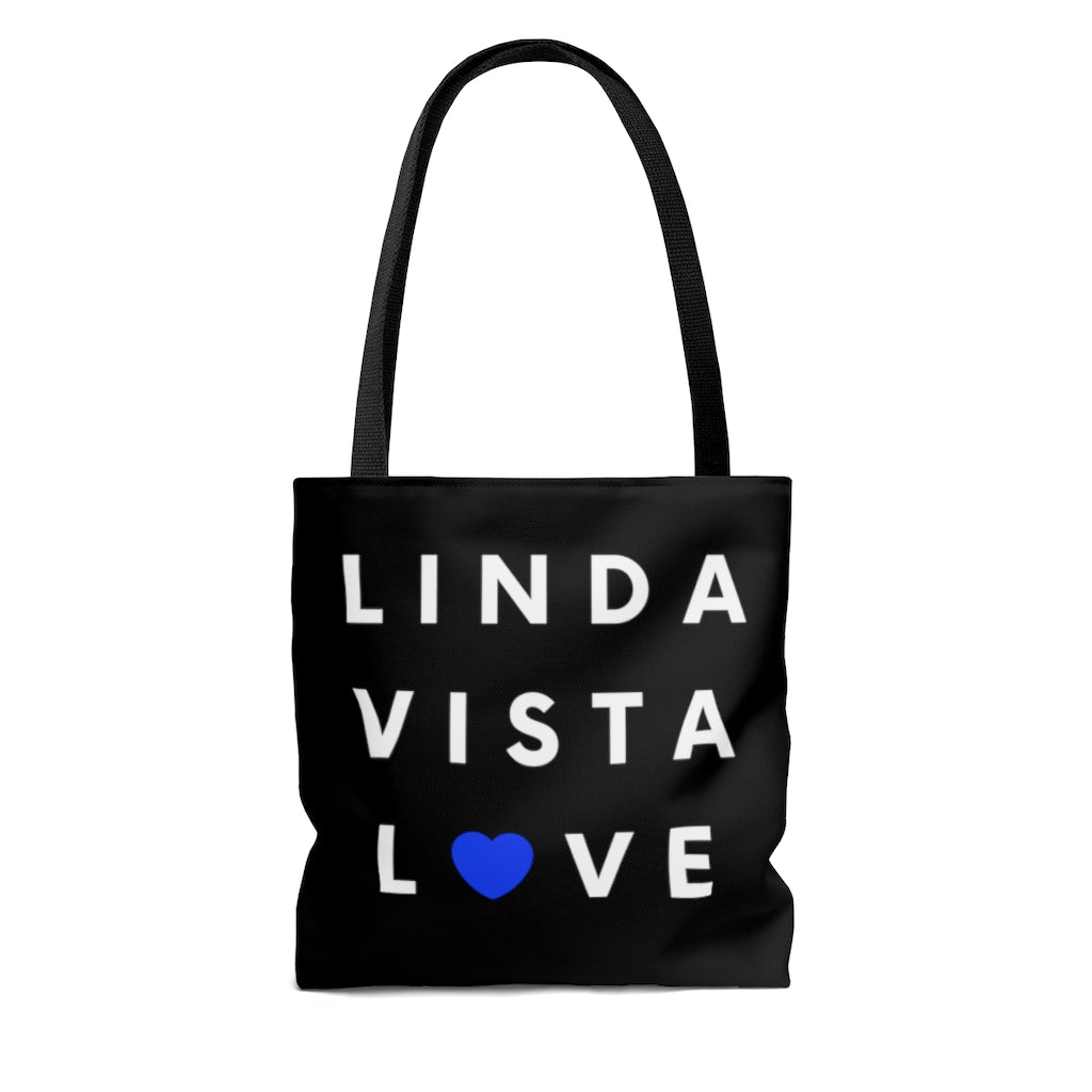 Linda Vista Love Black Tote Bag, Blue