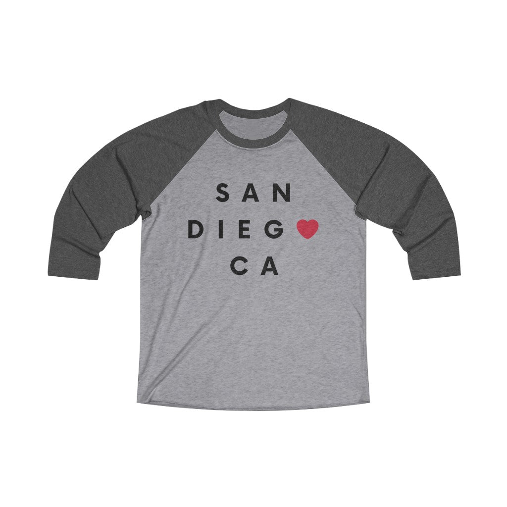 San Diego CA Long Sleeve Baseball Tee, San Diego 3/4 Sleeve T-Shirt(Unisex) (Multiple Colors Avail)