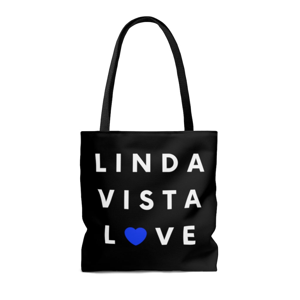 Linda Vista Love Black Tote Bag, Blue